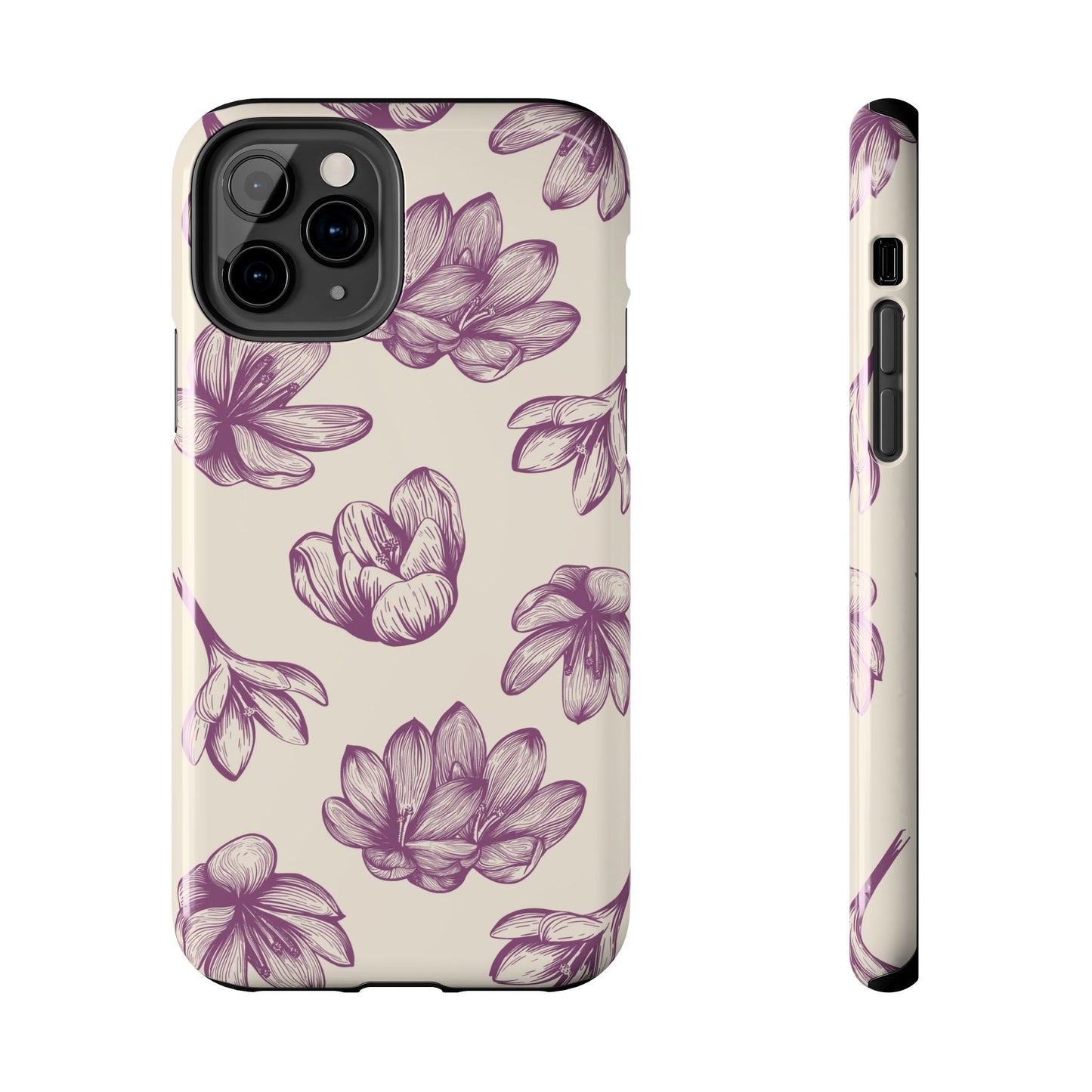 Vintage Botanical Floral Tough iPhone Case – Hand - Drawn Purple Flowers, Shockproof Design - BOGO Cases