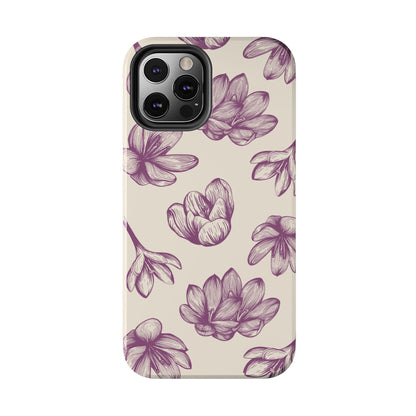 Vintage Botanical Floral Tough iPhone Case – Hand - Drawn Purple Flowers, Shockproof Design - BOGO Cases