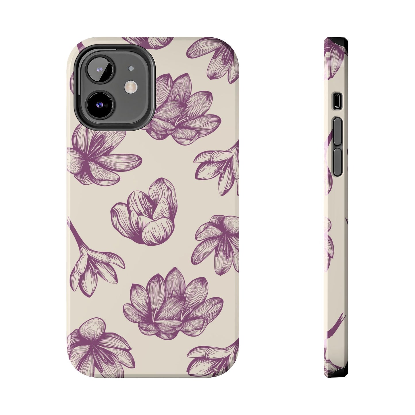 Vintage Botanical Floral Tough iPhone Case – Hand - Drawn Purple Flowers, Shockproof Design - BOGO Cases