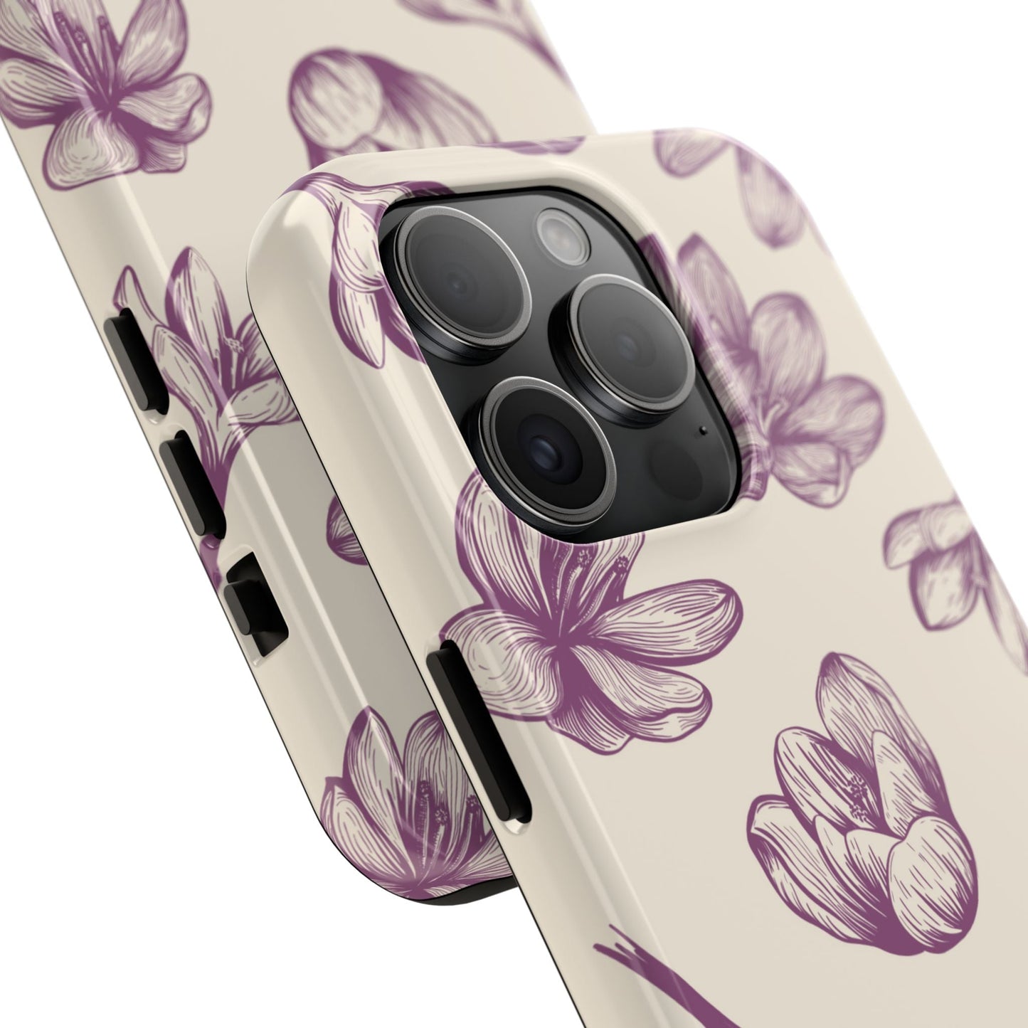Vintage Botanical Floral Tough iPhone Case – Hand - Drawn Purple Flowers, Shockproof Design - BOGO Cases
