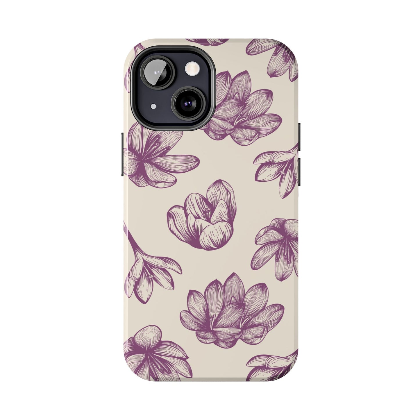 Vintage Botanical Floral Tough iPhone Case – Hand - Drawn Purple Flowers, Shockproof Design - BOGO Cases