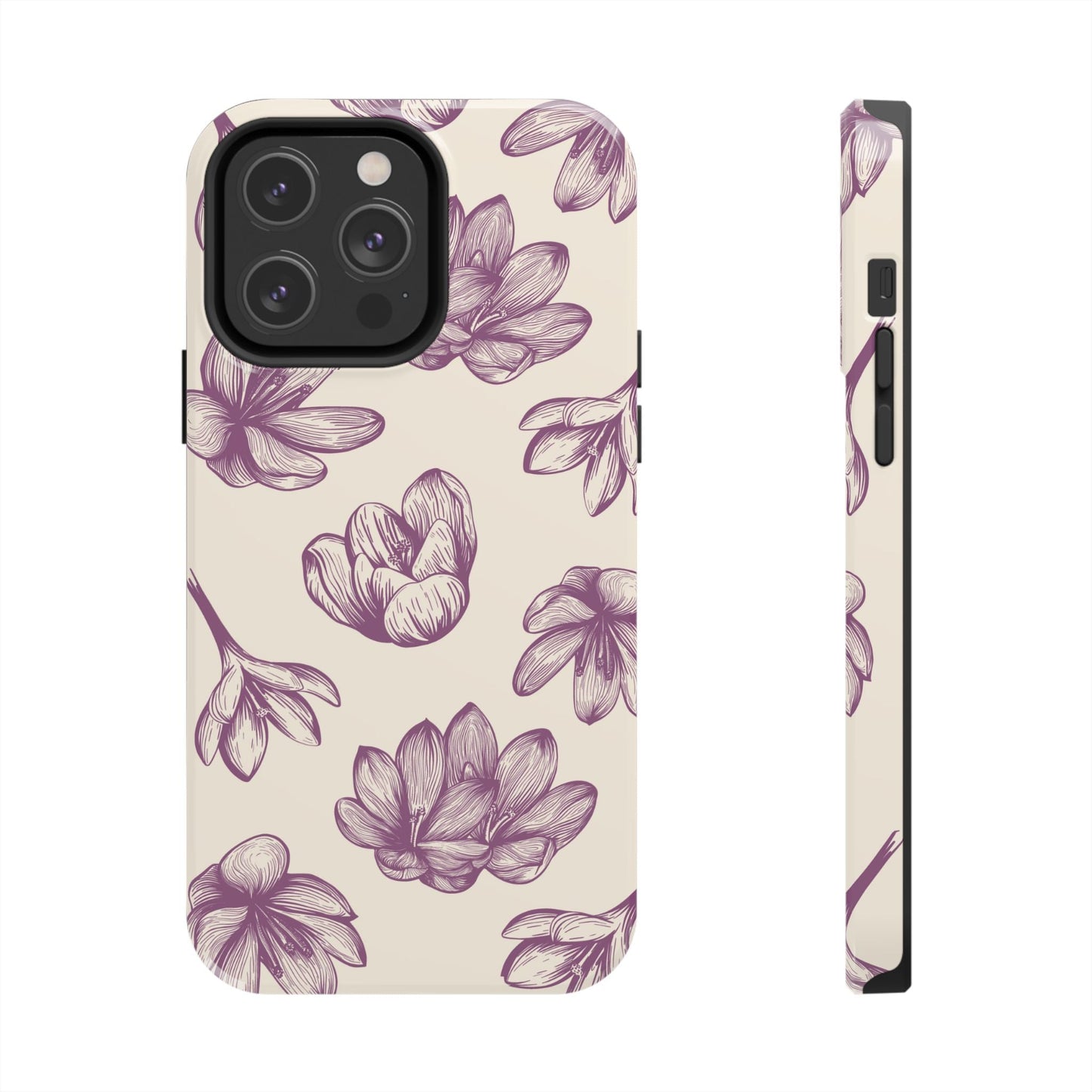 Vintage Botanical Floral Tough iPhone Case – Hand - Drawn Purple Flowers, Shockproof Design - BOGO Cases
