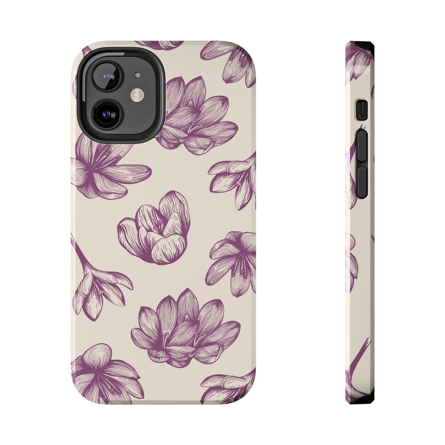 Vintage Botanical Floral Tough iPhone Case – Hand - Drawn Purple Flowers, Shockproof Design - BOGO Cases