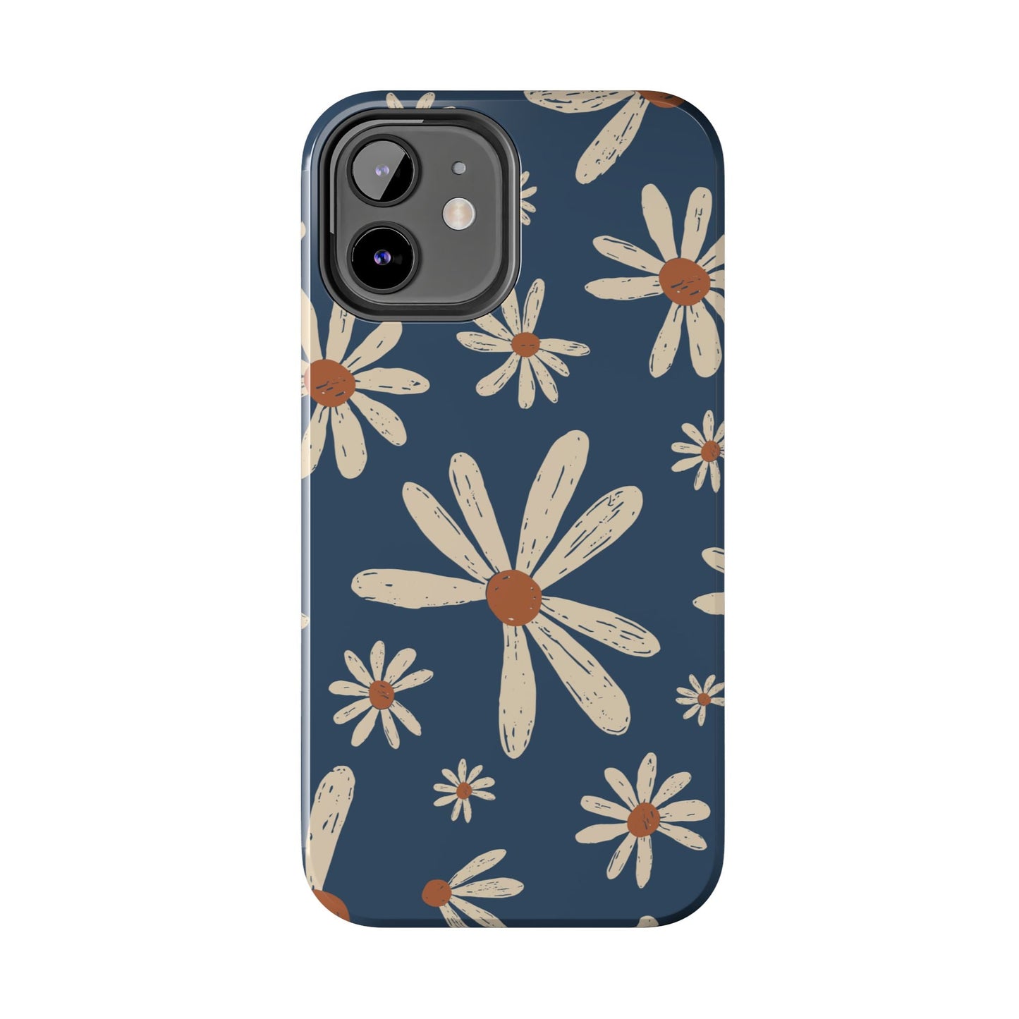 Vintage Daisies iPhone Case – Navy Blue Floral Design, Scratch - Resistant with Shock - Absorbing Bumper - BOGO Cases