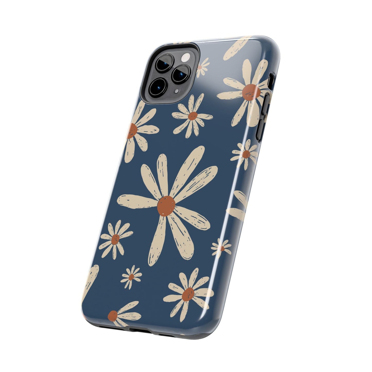Vintage Daisies iPhone Case – Navy Blue Floral Design, Scratch - Resistant with Shock - Absorbing Bumper - BOGO Cases