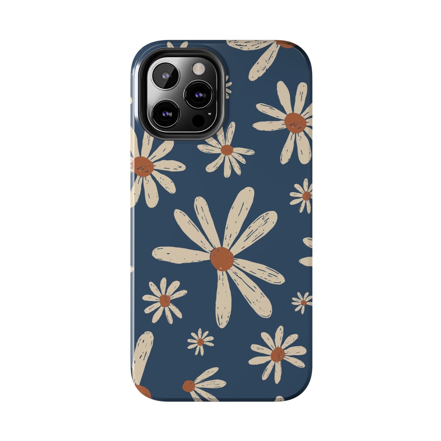 Vintage Daisies iPhone Case – Navy Blue Floral Design, Scratch - Resistant with Shock - Absorbing Bumper - BOGO Cases