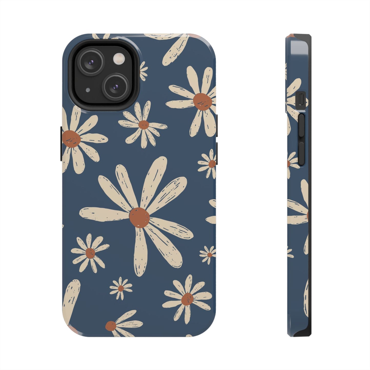 Vintage Daisies iPhone Case – Navy Blue Floral Design, Scratch - Resistant with Shock - Absorbing Bumper - BOGO Cases
