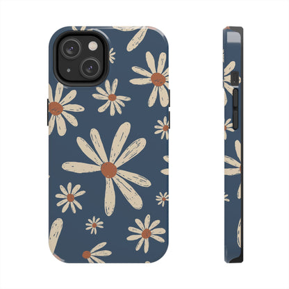 Vintage Daisies iPhone Case – Navy Blue Floral Design, Scratch - Resistant with Shock - Absorbing Bumper - BOGO Cases