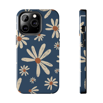 Vintage Daisies iPhone Case – Navy Blue Floral Design, Scratch - Resistant with Shock - Absorbing Bumper - BOGO Cases