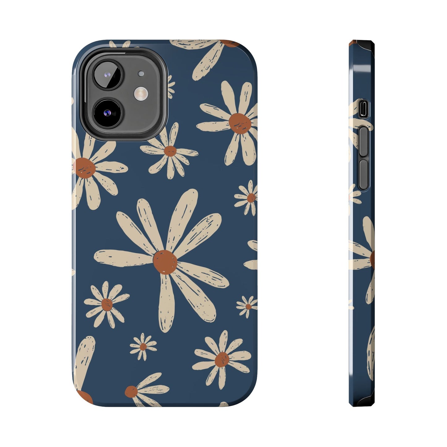 Vintage Daisies iPhone Case – Navy Blue Floral Design, Scratch - Resistant with Shock - Absorbing Bumper - BOGO Cases