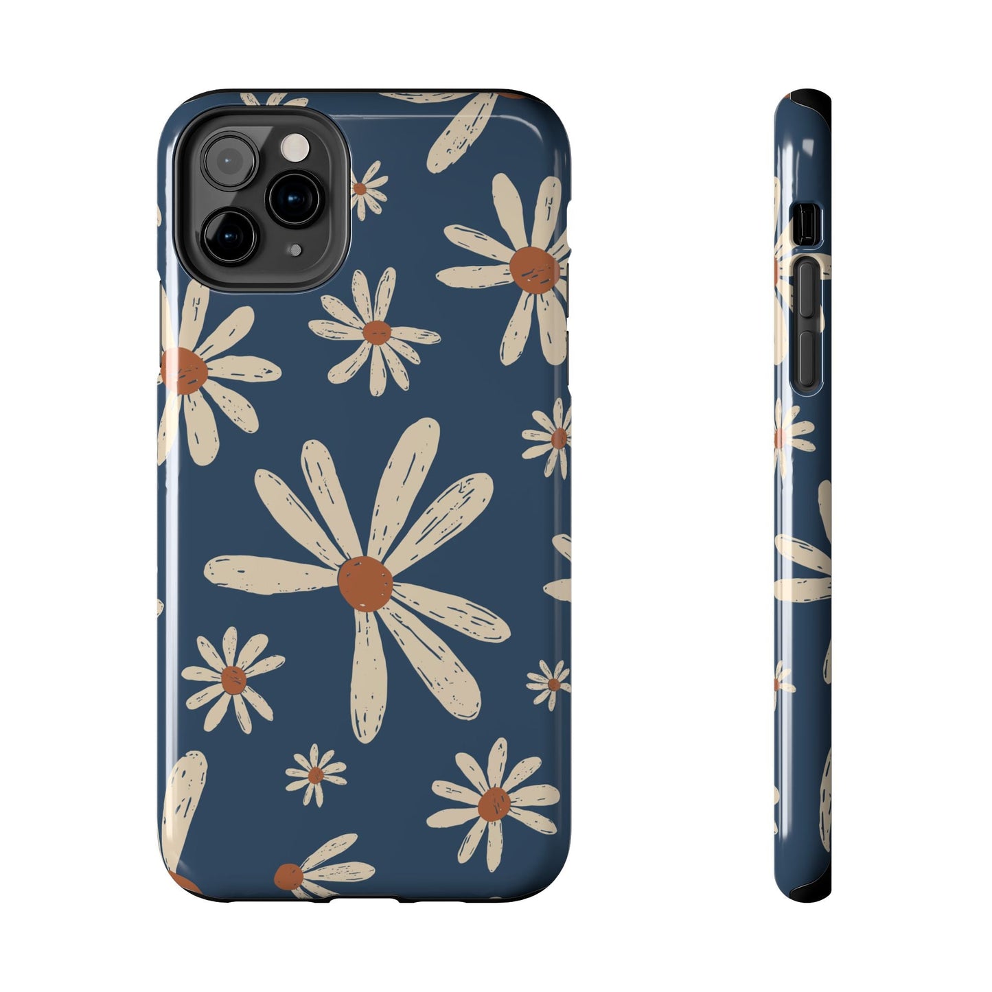 Vintage Daisies iPhone Case – Navy Blue Floral Design, Scratch - Resistant with Shock - Absorbing Bumper - BOGO Cases