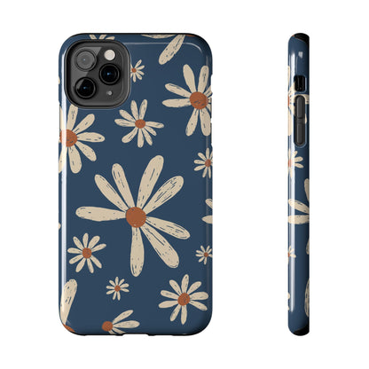 Vintage Daisies iPhone Case – Navy Blue Floral Design, Scratch - Resistant with Shock - Absorbing Bumper - BOGO Cases