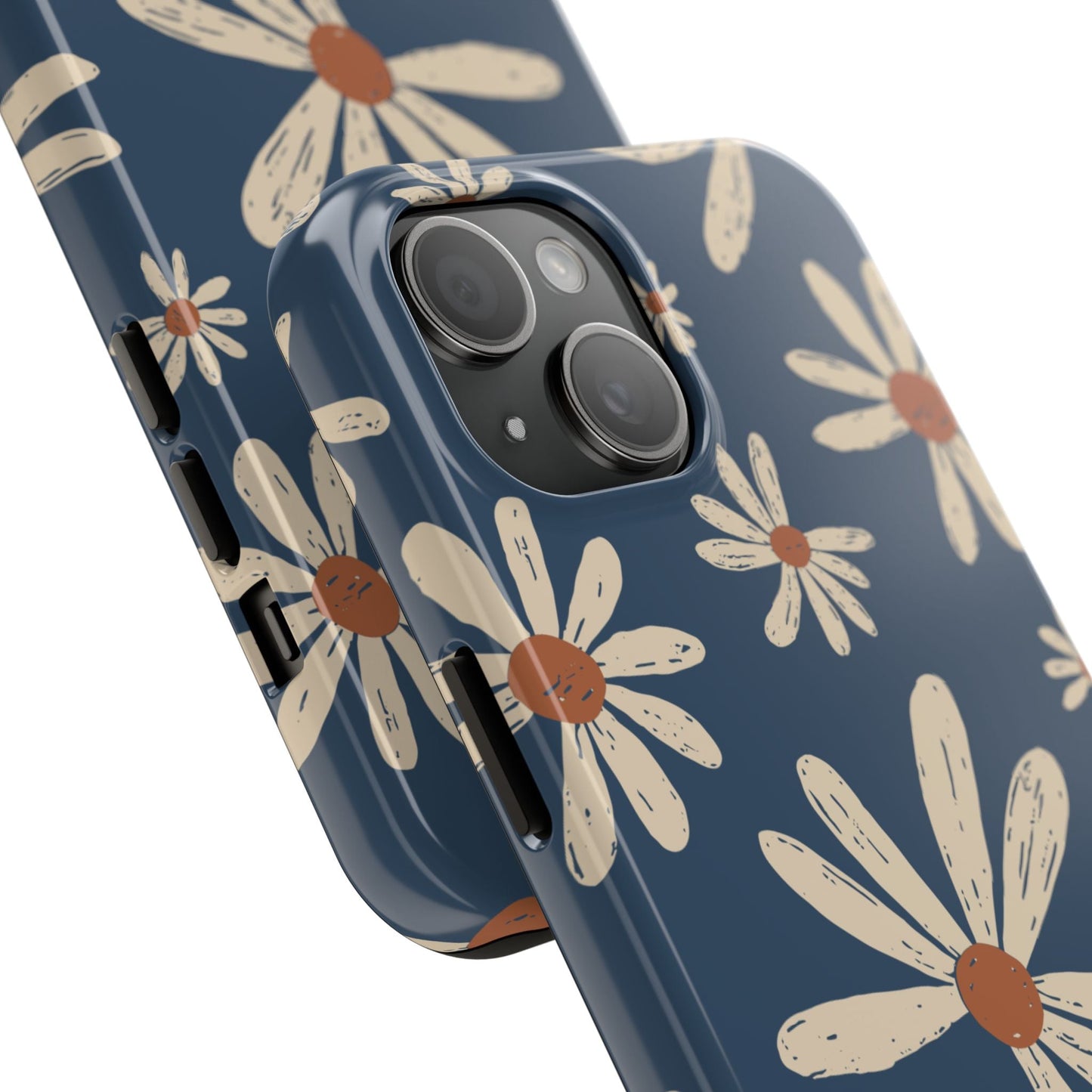 Vintage Daisies iPhone Case – Navy Blue Floral Design, Scratch - Resistant with Shock - Absorbing Bumper - BOGO Cases