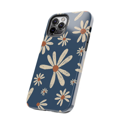 Vintage Daisies iPhone Case – Navy Blue Floral Design, Scratch - Resistant with Shock - Absorbing Bumper - BOGO Cases