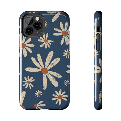 Vintage Daisies iPhone Case – Navy Blue Floral Design, Scratch - Resistant with Shock - Absorbing Bumper - BOGO Cases