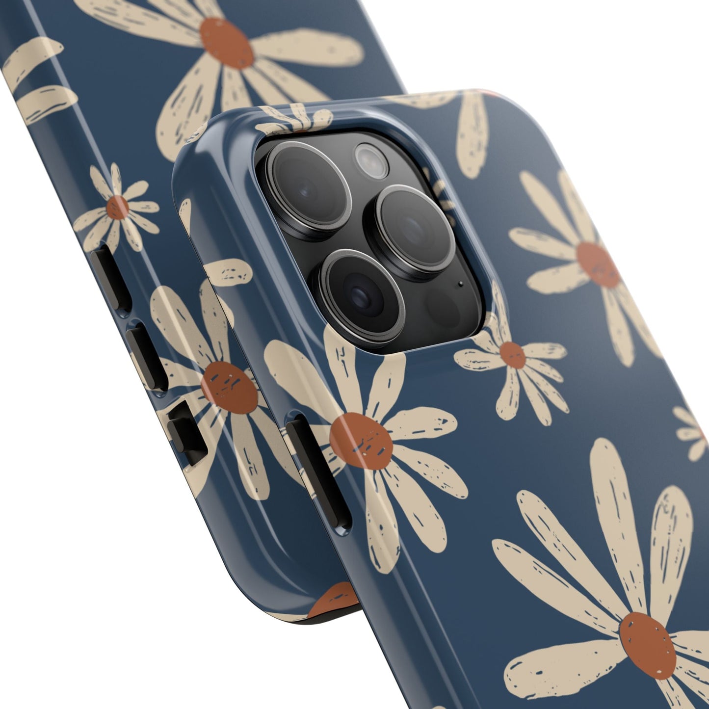 Vintage Daisies iPhone Case – Navy Blue Floral Design, Scratch - Resistant with Shock - Absorbing Bumper - BOGO Cases