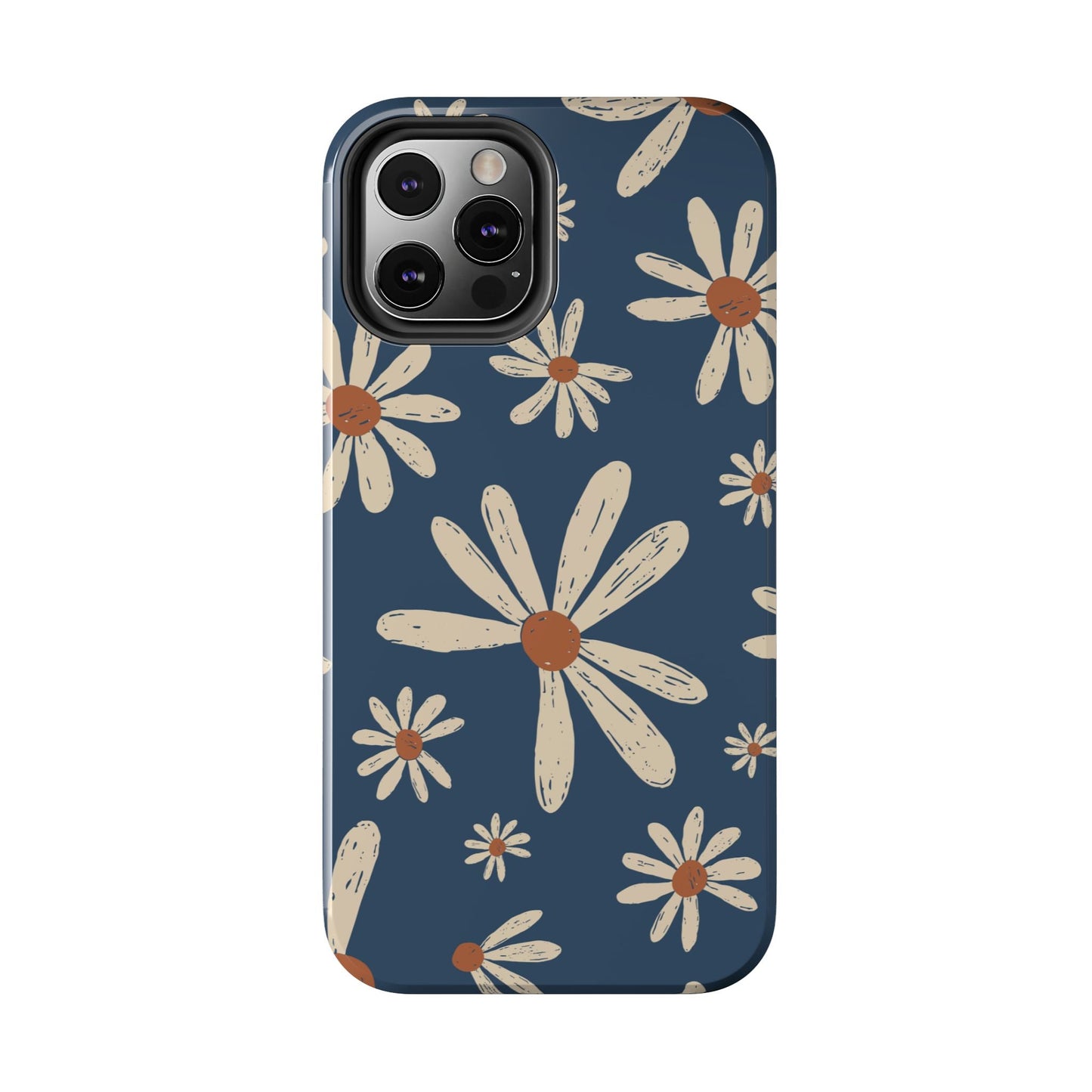 Vintage Daisies iPhone Case – Navy Blue Floral Design, Scratch - Resistant with Shock - Absorbing Bumper - BOGO Cases