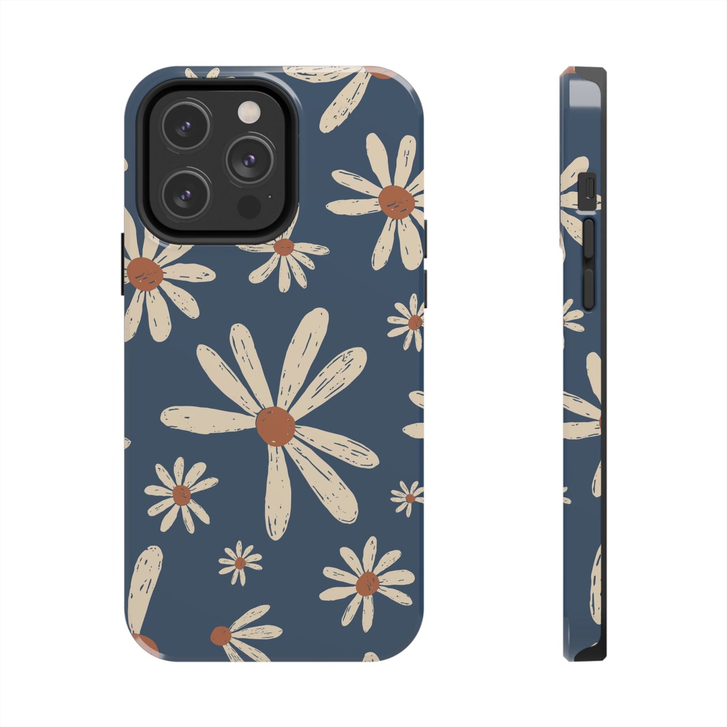 Vintage Daisies iPhone Case – Navy Blue Floral Design, Scratch - Resistant with Shock - Absorbing Bumper - BOGO Cases