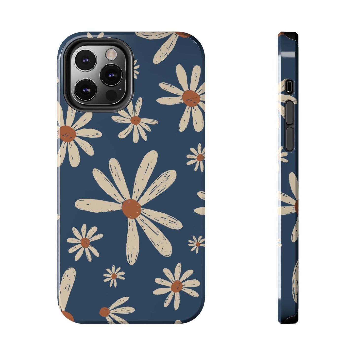 Vintage Daisies iPhone Case – Navy Blue Floral Design, Scratch - Resistant with Shock - Absorbing Bumper - BOGO Cases