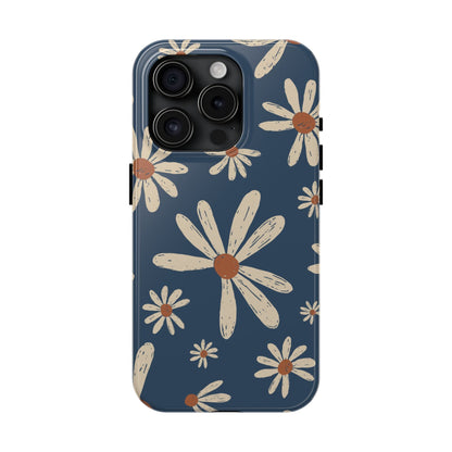 Vintage Daisies iPhone Case – Navy Blue Floral Design, Scratch - Resistant with Shock - Absorbing Bumper - BOGO Cases