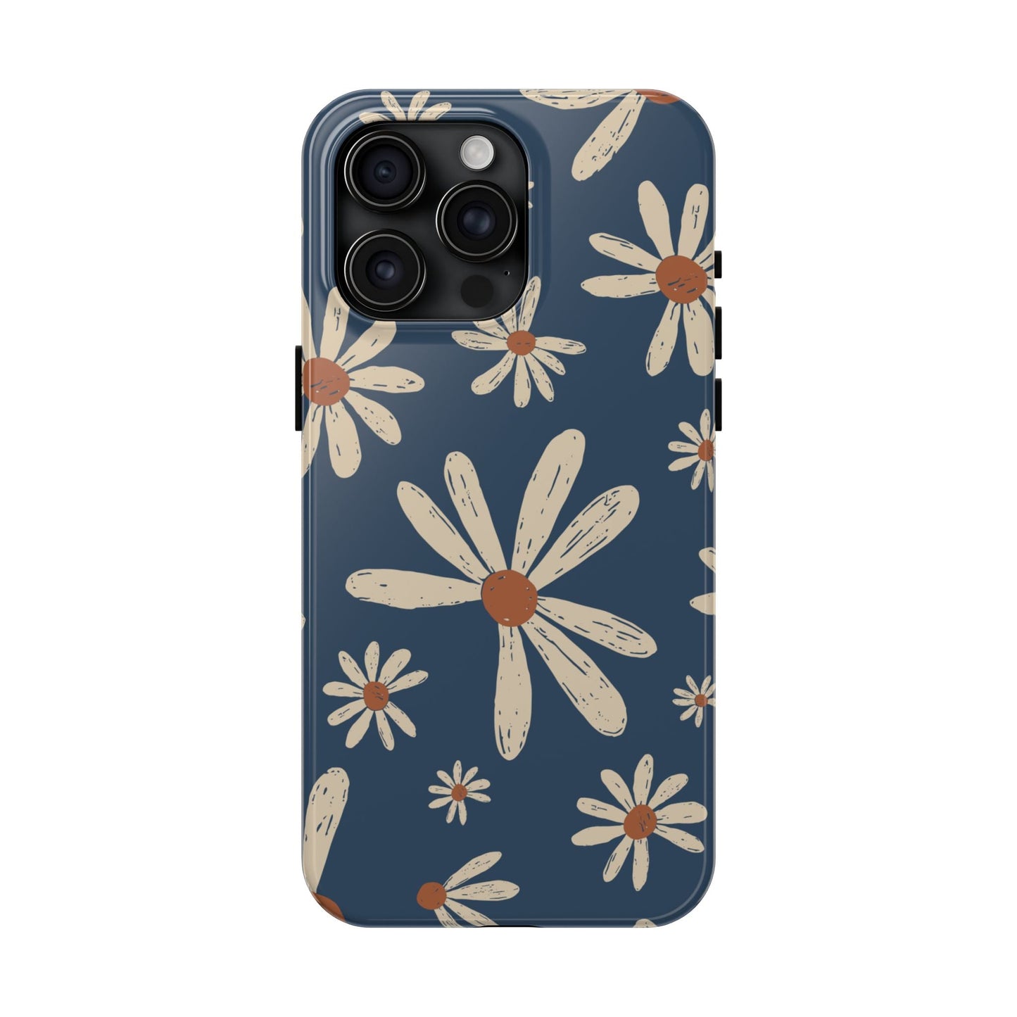 Vintage Daisies iPhone Case – Navy Blue Floral Design, Scratch - Resistant with Shock - Absorbing Bumper - BOGO Cases