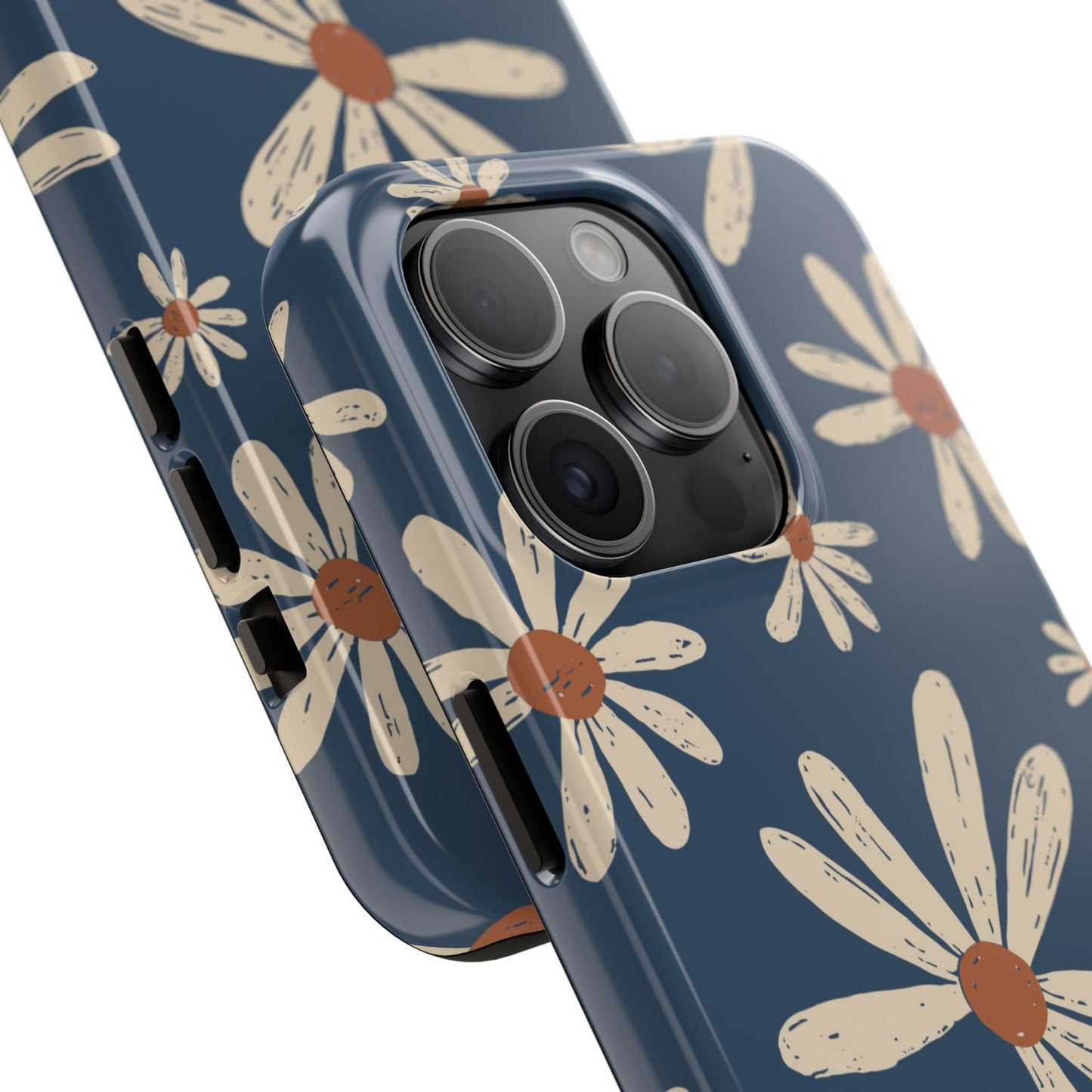 Vintage Daisies iPhone Case – Navy Blue Floral Design, Scratch - Resistant with Shock - Absorbing Bumper - BOGO Cases