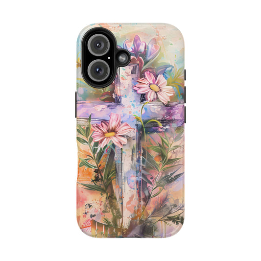 Watercolor Cross & Floral Art - iPhone Case, Inspirational & Protective - BOGO Cases