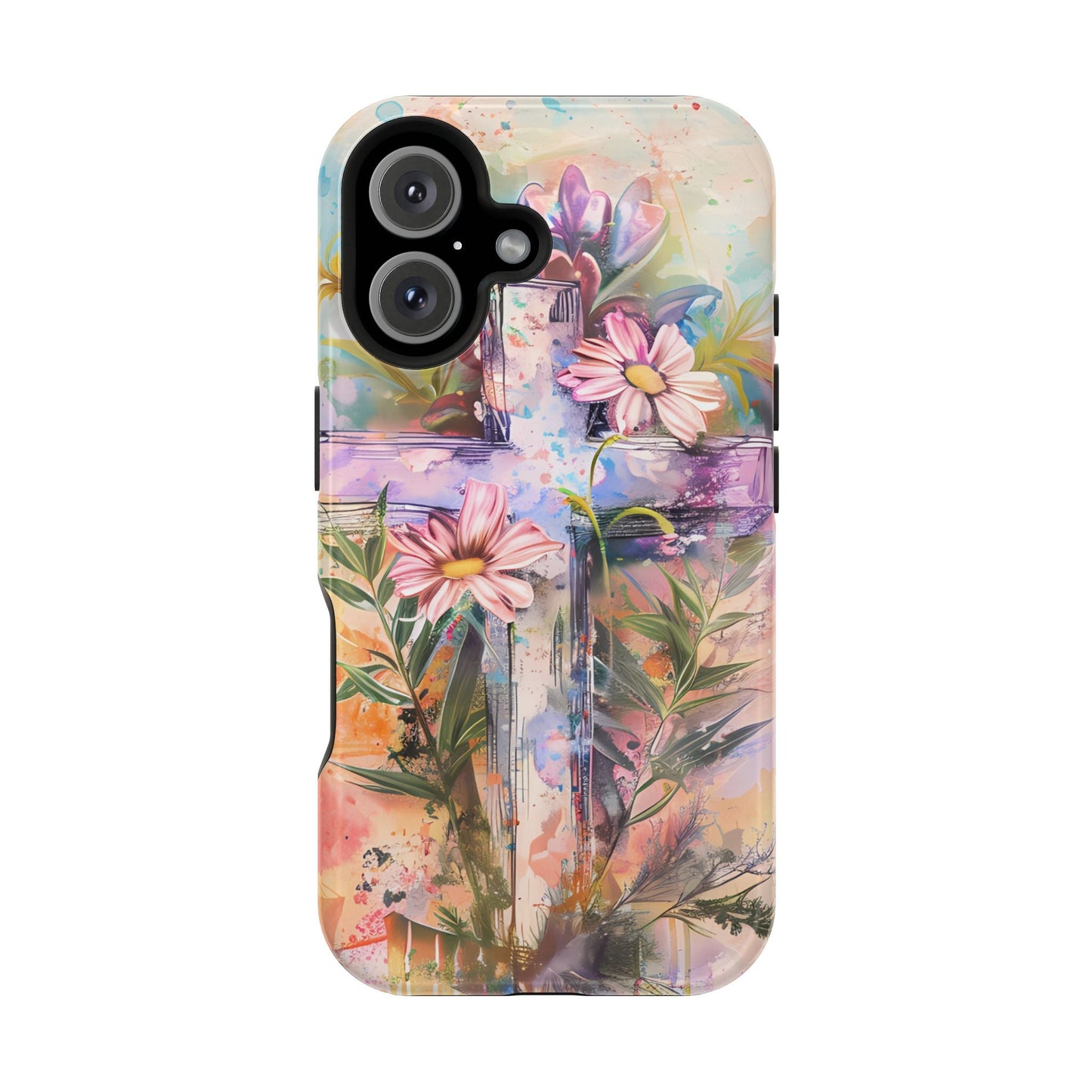 Watercolor Cross & Floral Art - MagSafe iPhone Case, Inspirational & Protective - BOGO Cases