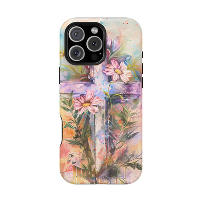 Watercolor Cross & Floral Art - MagSafe iPhone Case, Inspirational & Protective - BOGO Cases