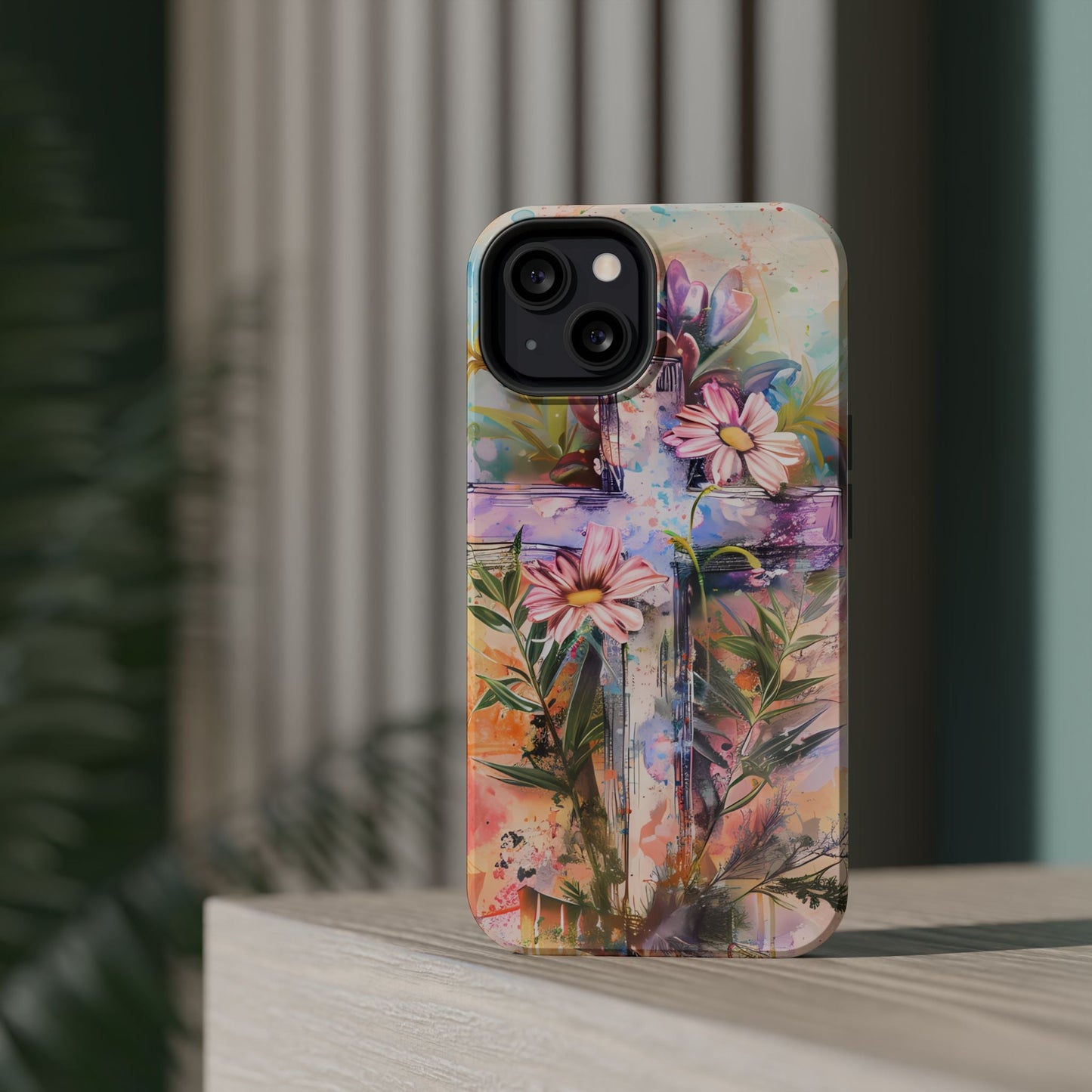Watercolor Cross & Floral Art - MagSafe iPhone Case, Inspirational & Protective - BOGO Cases
