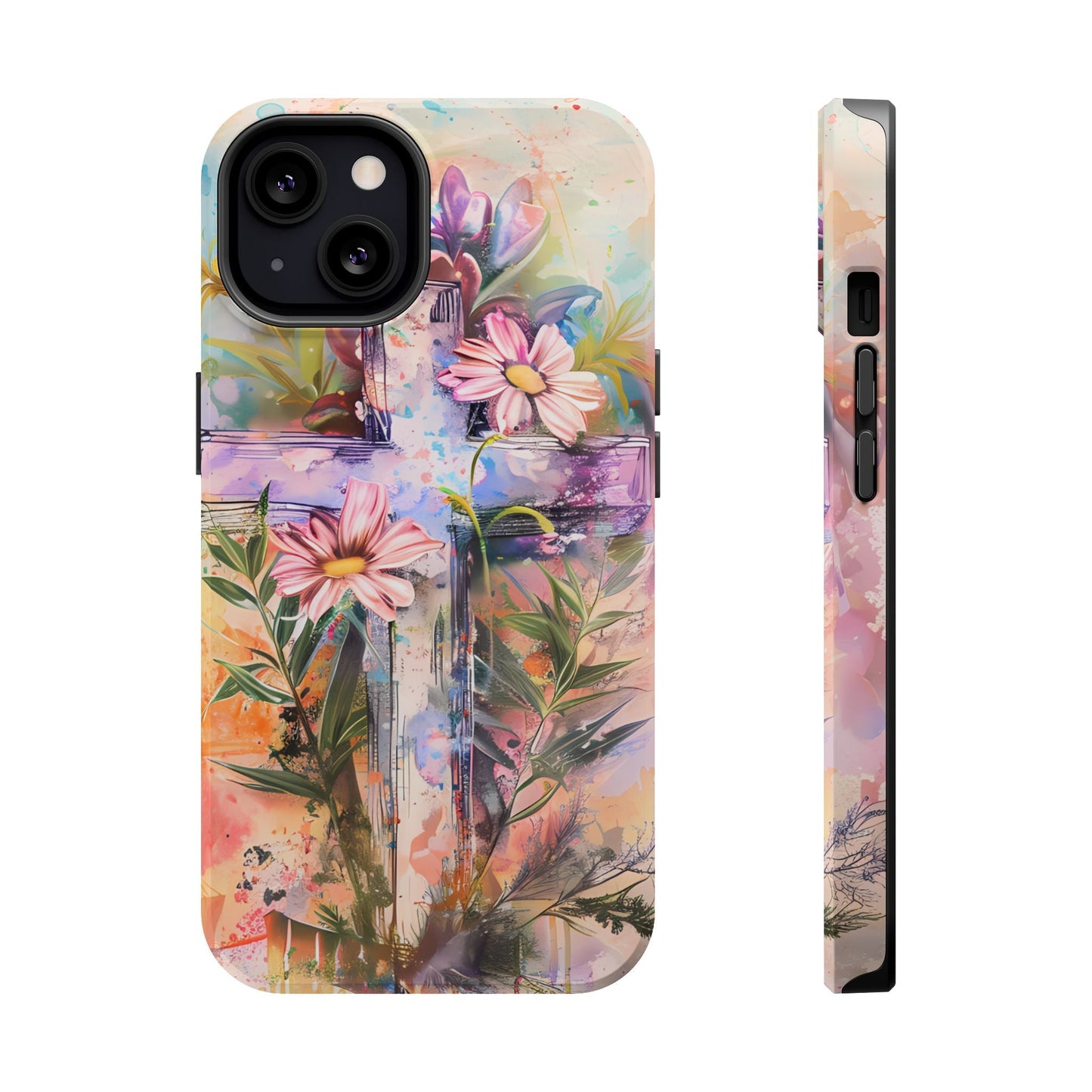 Watercolor Cross & Floral Art - MagSafe iPhone Case, Inspirational & Protective - BOGO Cases