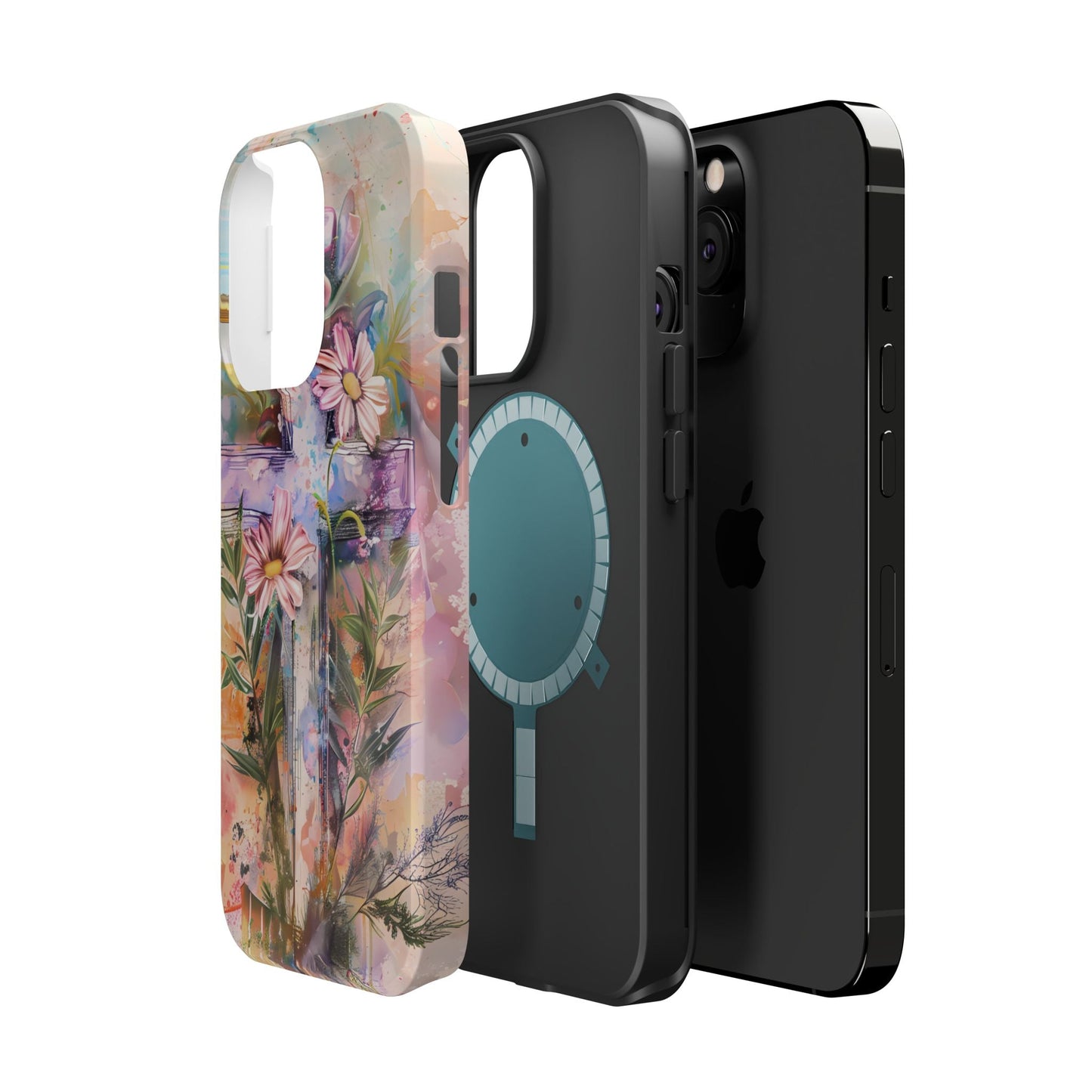 Watercolor Cross & Floral Art - MagSafe iPhone Case, Inspirational & Protective - BOGO Cases