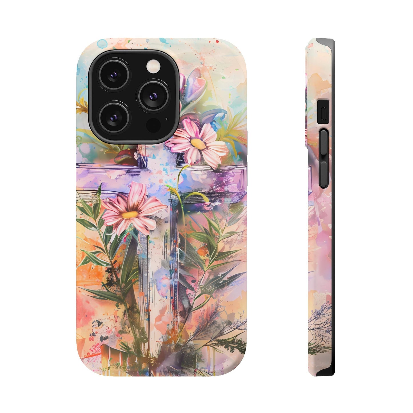 Watercolor Cross & Floral Art - MagSafe iPhone Case, Inspirational & Protective - BOGO Cases