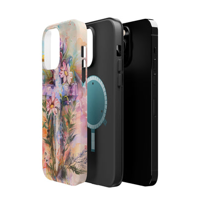 Watercolor Cross & Floral Art - MagSafe iPhone Case, Inspirational & Protective - BOGO Cases