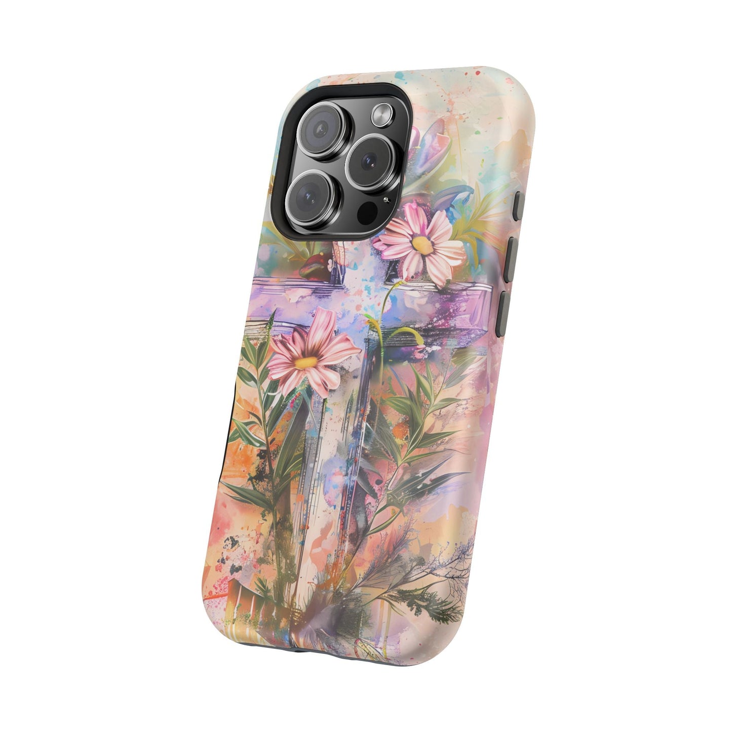 Watercolor Cross & Floral Art - MagSafe iPhone Case, Inspirational & Protective - BOGO Cases