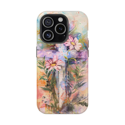 Watercolor Cross & Floral Art - MagSafe iPhone Case, Inspirational & Protective - BOGO Cases
