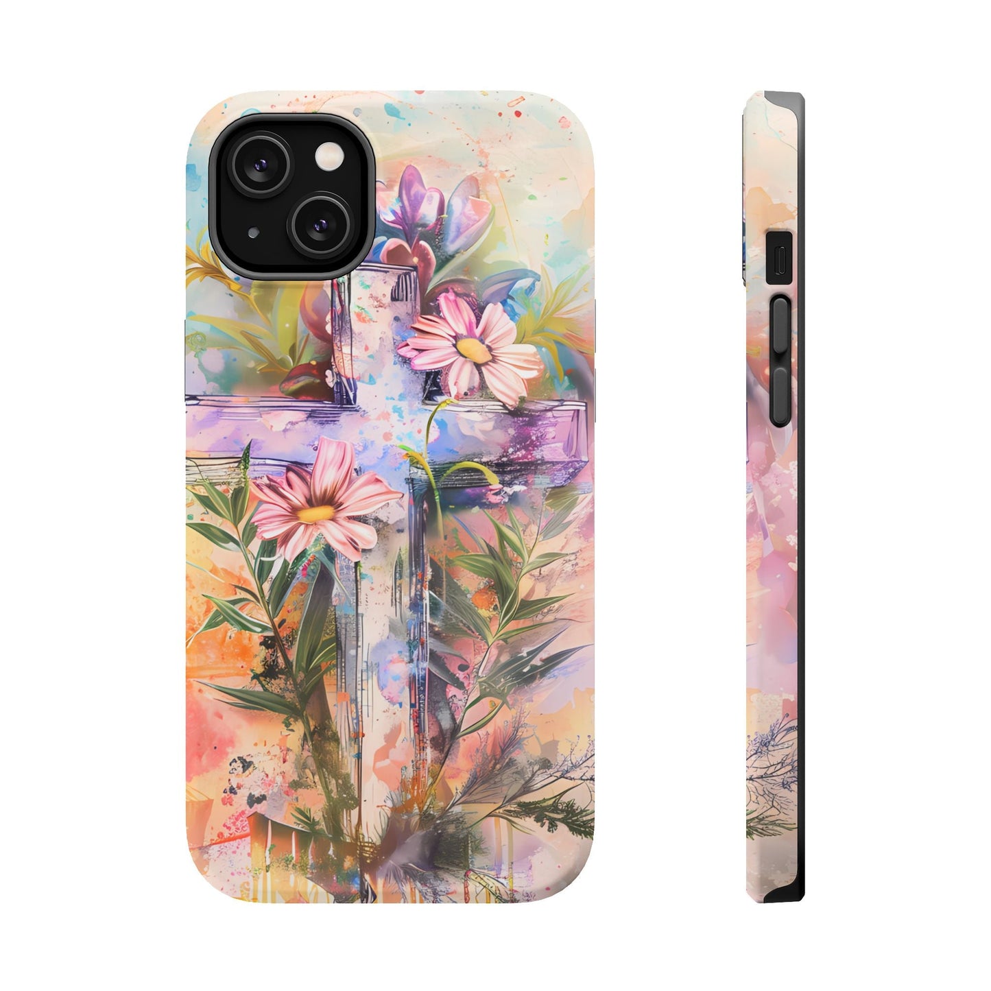 Watercolor Cross & Floral Art - MagSafe iPhone Case, Inspirational & Protective - BOGO Cases