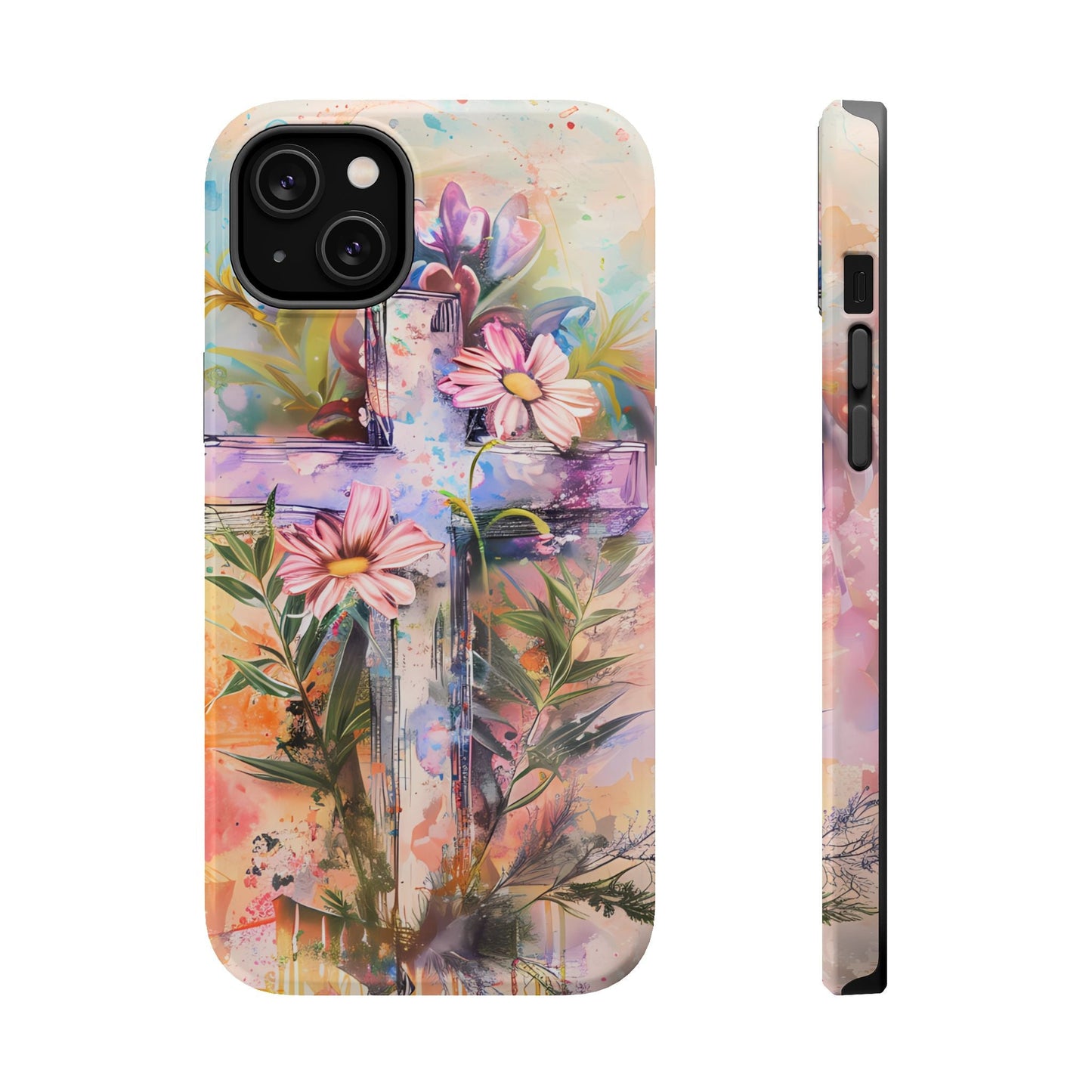 Watercolor Cross & Floral Art - MagSafe iPhone Case, Inspirational & Protective - BOGO Cases