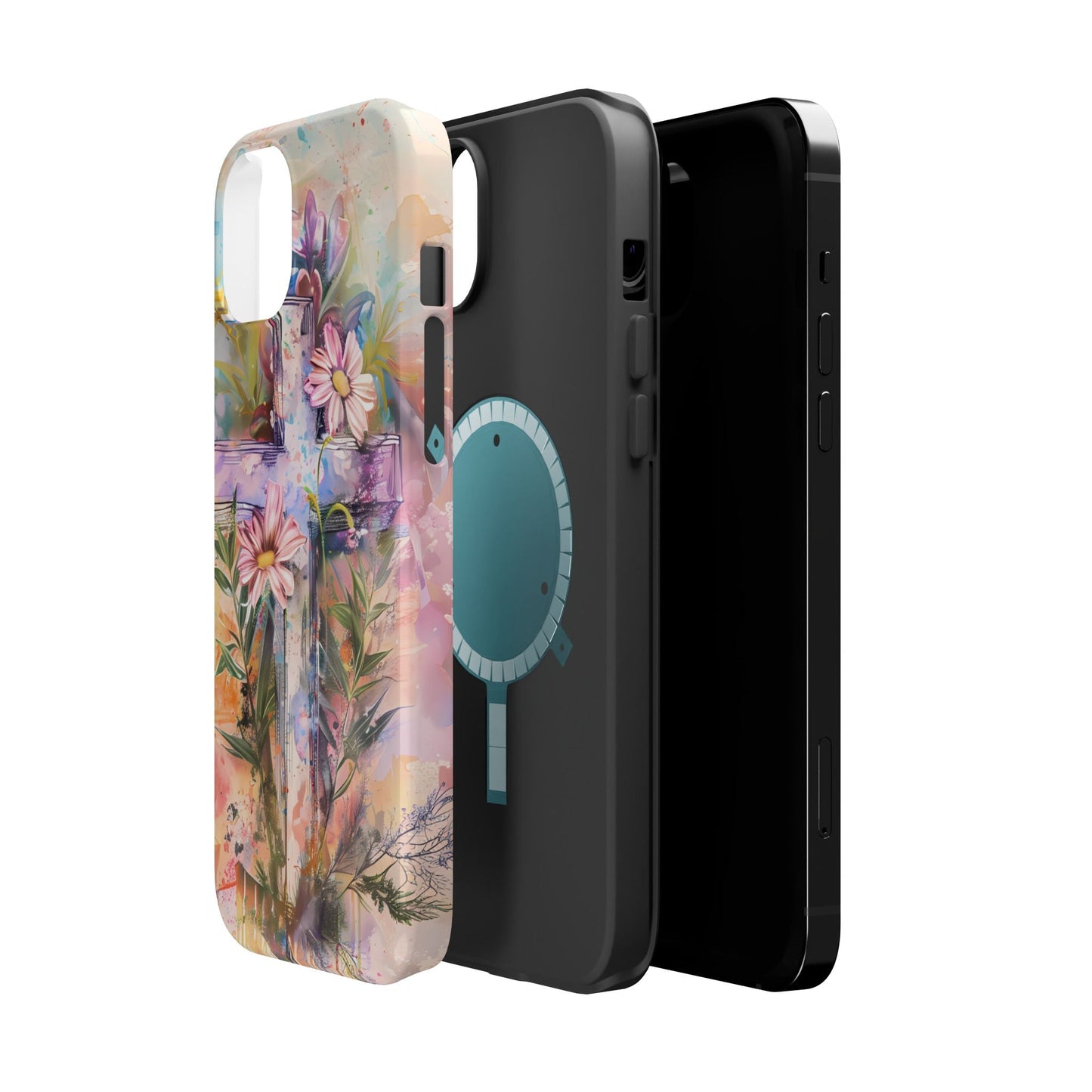 Watercolor Cross & Floral Art - MagSafe iPhone Case, Inspirational & Protective - BOGO Cases