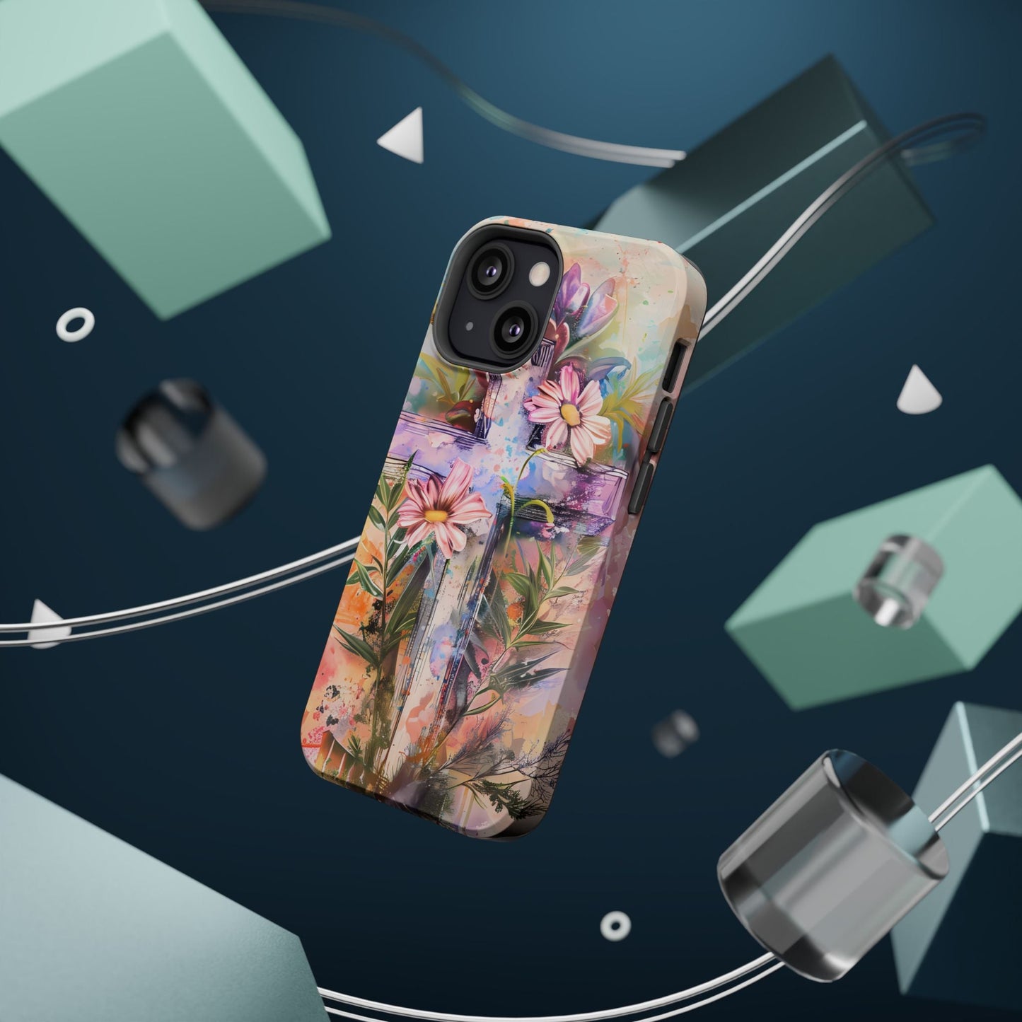 Watercolor Cross & Floral Art - MagSafe iPhone Case, Inspirational & Protective - BOGO Cases