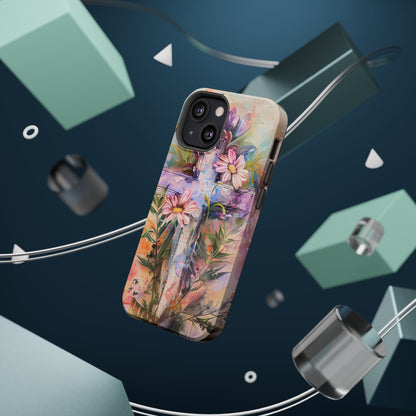 Watercolor Cross & Floral Art - MagSafe iPhone Case, Inspirational & Protective - BOGO Cases