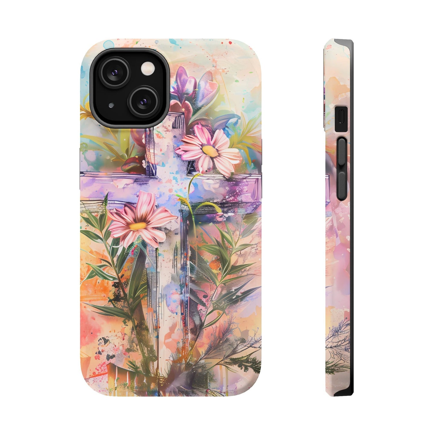 Watercolor Cross & Floral Art - MagSafe iPhone Case, Inspirational & Protective - BOGO Cases