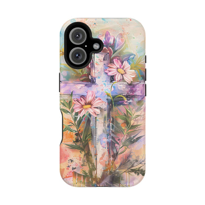 Watercolor Cross & Floral Art - MagSafe iPhone Case, Inspirational & Protective - BOGO Cases