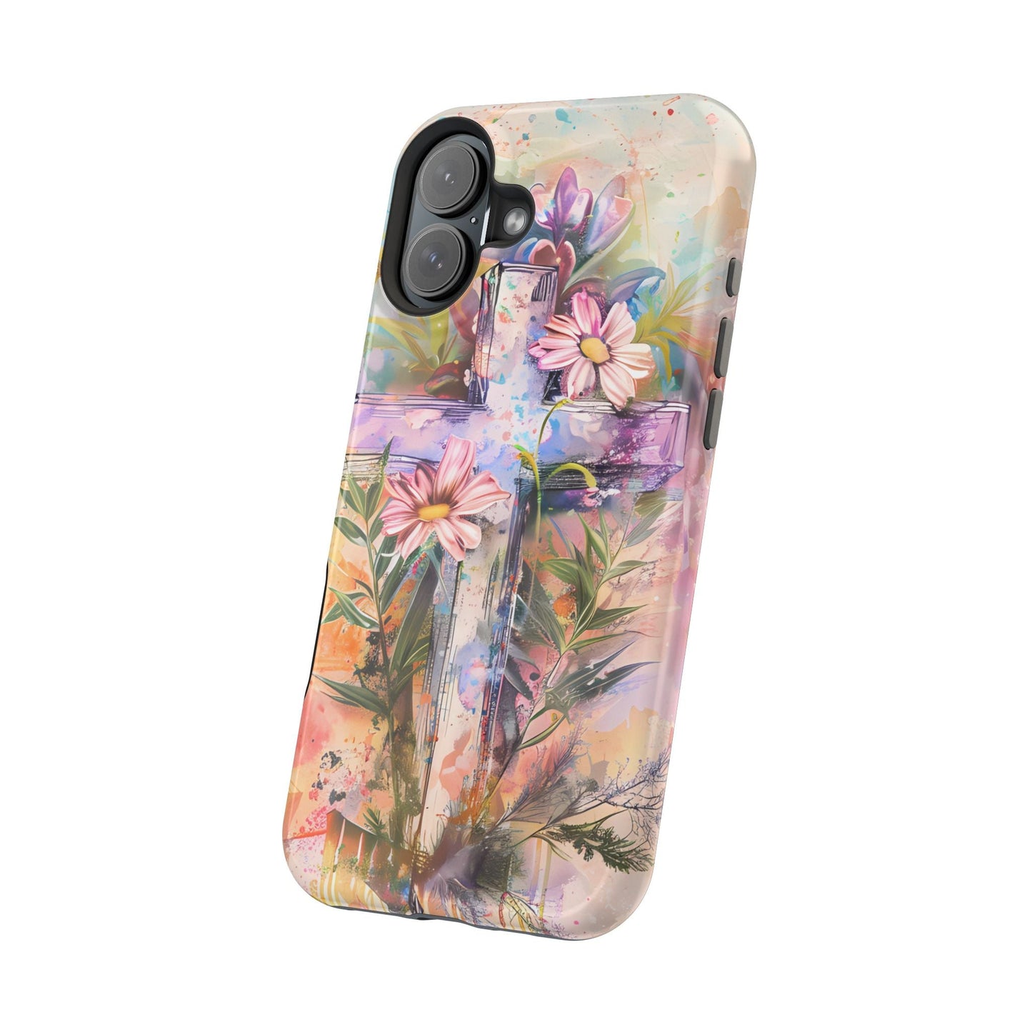 Watercolor Cross & Floral Art - MagSafe iPhone Case, Inspirational & Protective - BOGO Cases