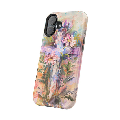 Watercolor Cross & Floral Art - MagSafe iPhone Case, Inspirational & Protective - BOGO Cases