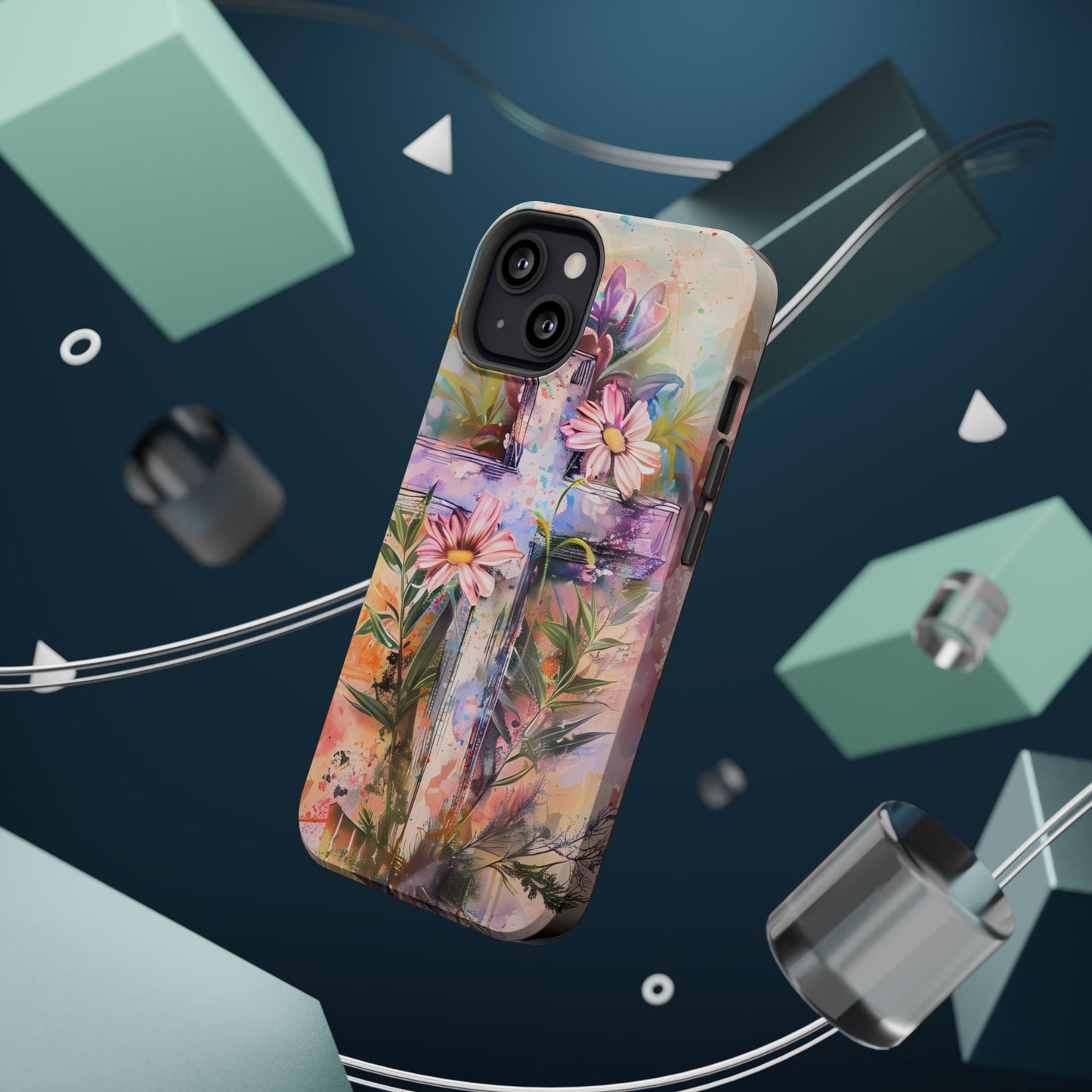 Watercolor Cross & Floral Art - MagSafe iPhone Case, Inspirational & Protective - BOGO Cases
