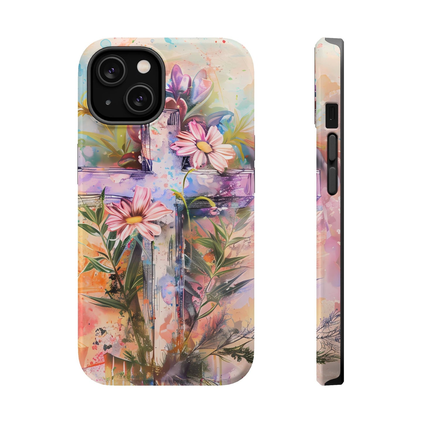 Watercolor Cross & Floral Art - MagSafe iPhone Case, Inspirational & Protective - BOGO Cases