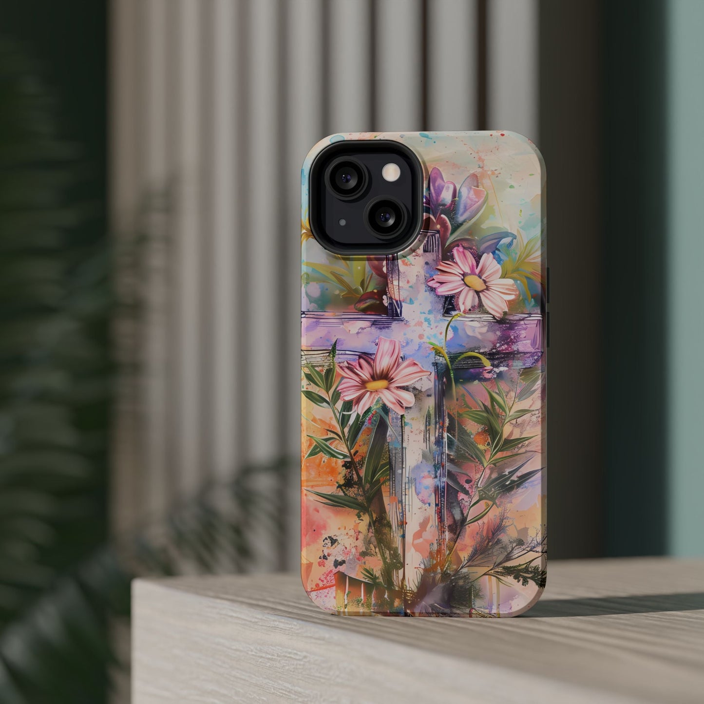 Watercolor Cross & Floral Art - MagSafe iPhone Case, Inspirational & Protective - BOGO Cases