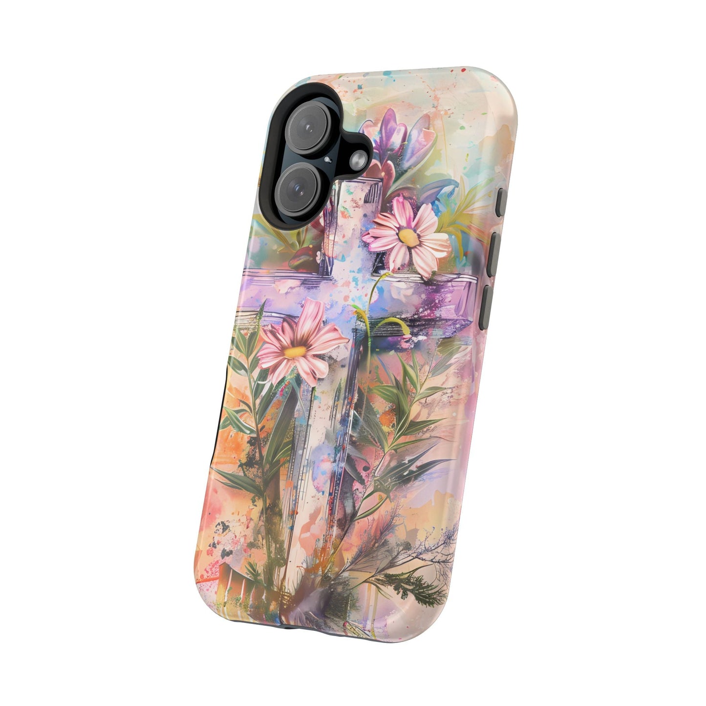 Watercolor Cross & Floral Art - MagSafe iPhone Case, Inspirational & Protective - BOGO Cases