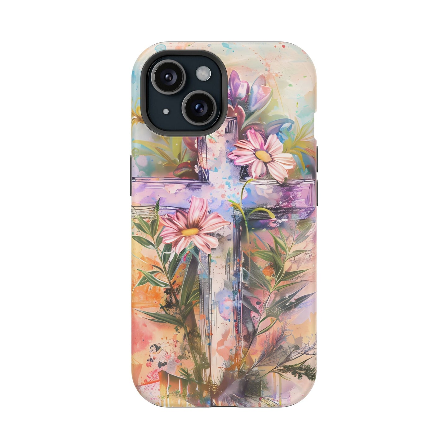 Watercolor Cross & Floral Art - MagSafe iPhone Case, Inspirational & Protective - BOGO Cases